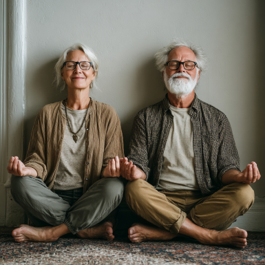 Група літніх людей займається йогою